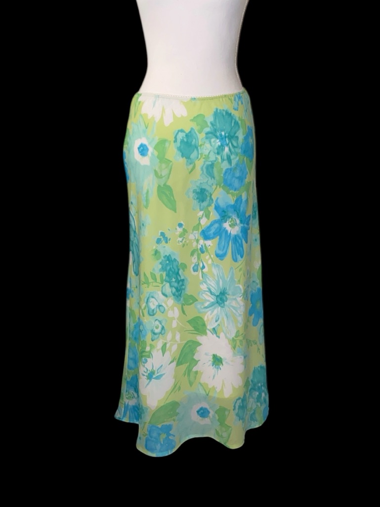 Vintage Y2k Blue Green Chiffon Trumpet Midi Slip Skirt 8 Petite Floral Fairy